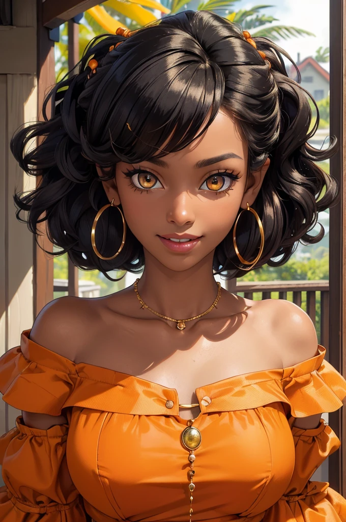 (((Masterpiece, Best Quality, High Resolution)))), Extremely detailed 8K, (Ultra HD, Ultra-detailed, Highly detailed, Highly realistic, Ultra-realistic, photograph realistic), (HD Quality), Sharp Focus, (Close up shot), 16 years old, Black girl, Beautiful face, Dark skin, (((Amber eyes, sharp eyes))), (((Black big afro, black styled edges, 4a hair type))), Gold hoop earrings and hoop necklaces, (((Orange off-shoulder blouse with puffy sleeves))), (looks directly at the camera, happy expression, pretty smile), Bungalow style house, Neighborhood setting, summertime, (Focusing on the face, Glowing skin texture, sun shining bright)