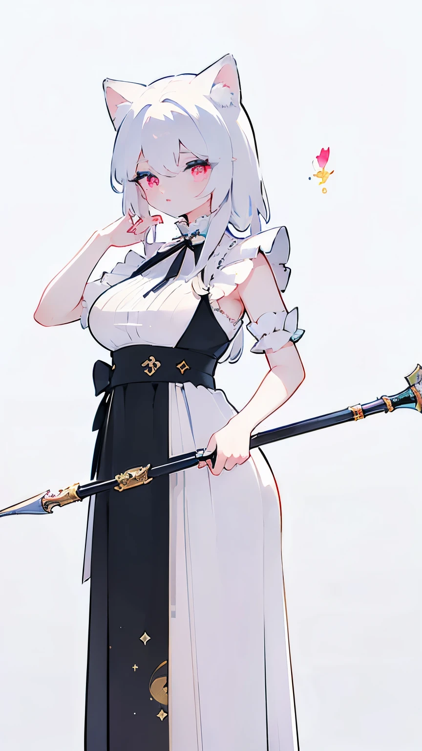 Tsundere 18 year old girl, beautiful and delicate eyes, beautiful lips, very detailed 눈과 얼굴, long eyelashes, 1girl, white cat ears, foot long bag, Front view, Red-eye, (top quality, 4K, 8K, high resolution, masterpiece:1.2), very detailed, (realistic인, realistic인, realistic인, realistic인, realistic: 1.37), very large breasts, Scythe, elegant, fantasy, white background,holding a weapon, maid uniform, I can see my armpits