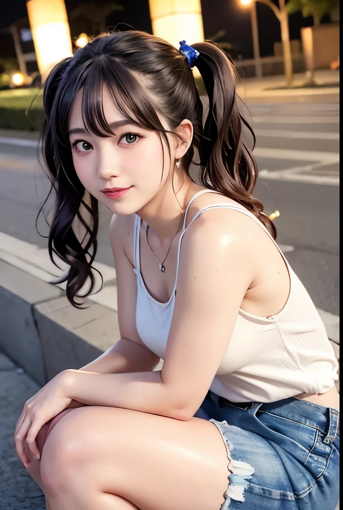 (Highest quality,masterpiece:1.3,Ultra-high resolution),(Very detailedな、Caustics) (Photorealistic:1.4, RAW shooting、)Ultra-Realistic Capture、Very detailed、Natural skin texture、masterpiece、(Sequin tank top and short denim pants:1.3)、1 Japanese girl、Adorable expression、Expressions of Happiness、、Young Face、Ssingly cute、Twin tails、Curly Hair、Black Hair、Scrunchie、Earrings、necklace、light makeup、A big bust that seems to burst、This photo was taken on a busy street at night..、Shining thighs、Sit on a bench on the sidewalk、Shooting from the side、smile、An inviting gaze、