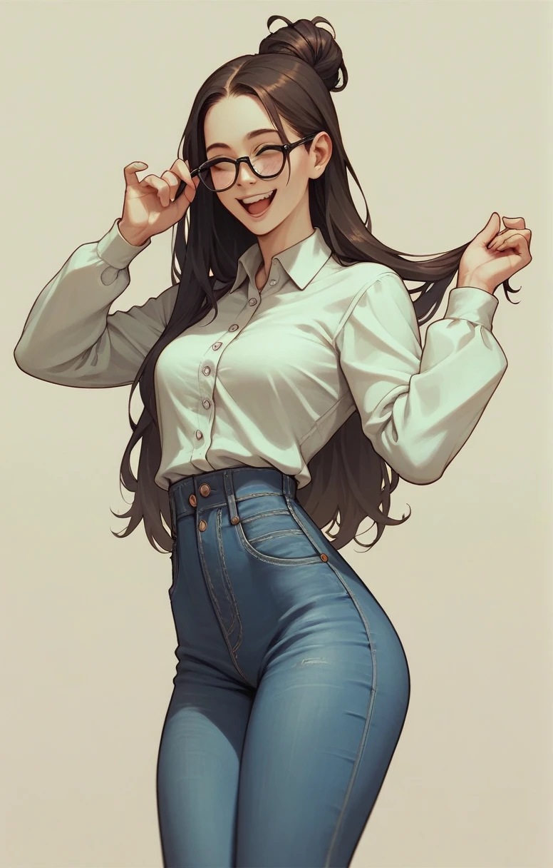 thin lady, happy, long hair up to elbow length, with glasses on his head, culona, White skin, a dark green blouse with white buttons, big legs, small waist, jeans fitted to your figure