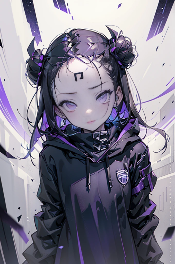 boy. thoughtful look. open forehead. black and purple hair tied in a bun on the left side to one side. sinuous black horns wrapped in dark purple ribbon. pale violet eyes. in short dark purple shorts. long white T-shirt. dark purple knee-high socks. dark purple long cloak with hood. view from the 100th floor of a cozy room in shades of gray, moon, starry sky. saturation RGB 100%