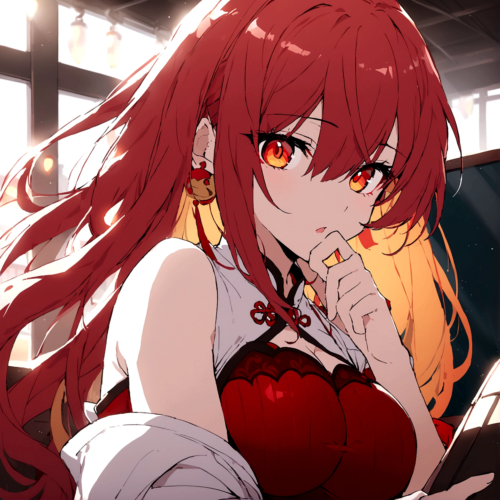 Uma personagem chibi usando chinese outfit. she has long red hair. She has RED AND GOLDEN eyes. She has big breasts. full body.