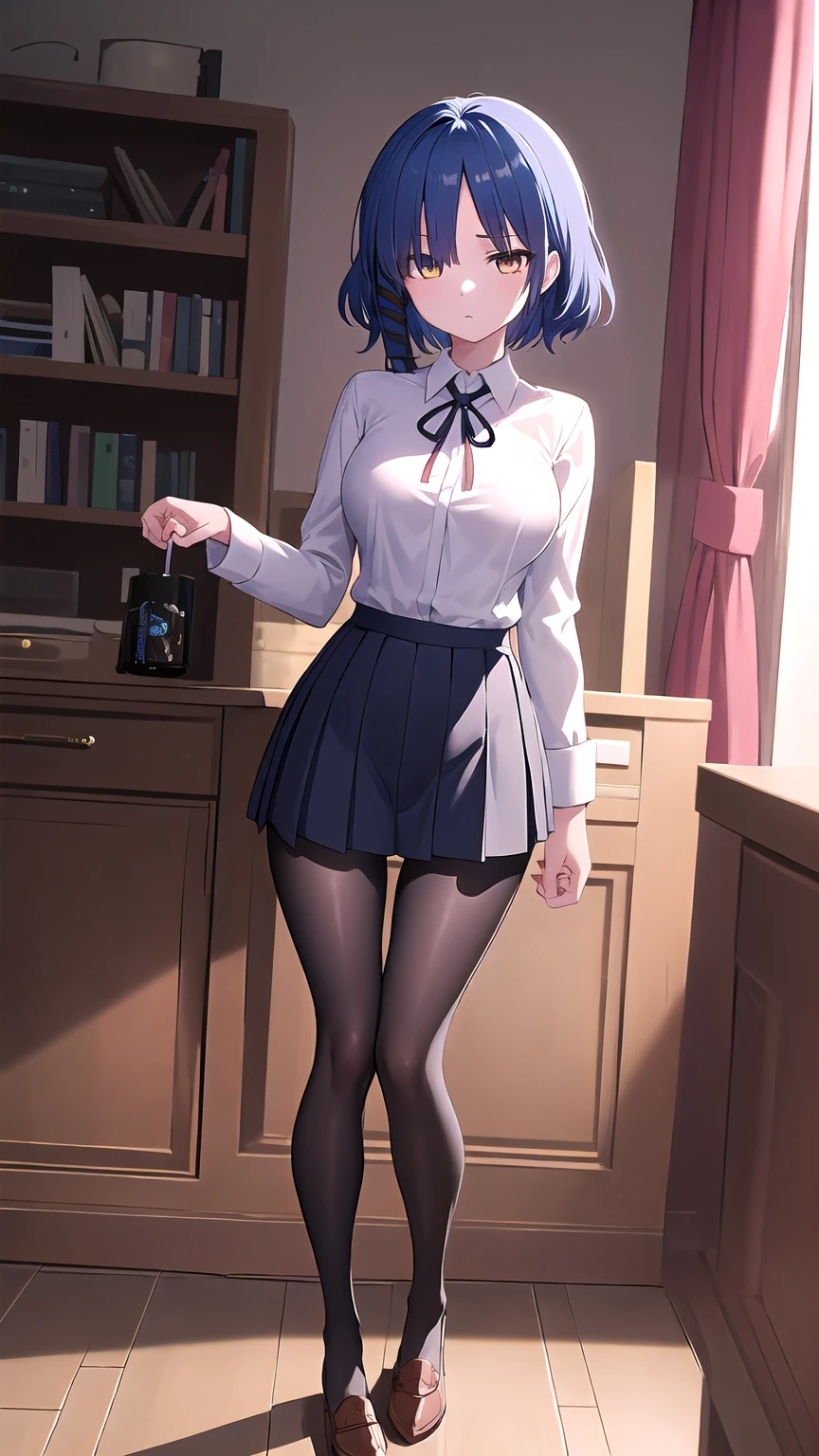 masterpiece, best quality, ultra-high-detailed, 1girl, white shirt, neck ribbon, short over long sleeves, pleated skirt, black pantyhose micro tanding、(Expressionless:1.3), Wide Hips, Thick thighs, (Thigh Gap:1.2), （Big Breasts:1.4),a room、（Wearing a collar）、（Being connected by a lead、）（squat:1.4)