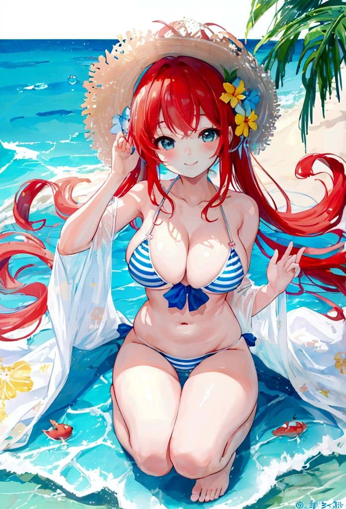 Highest quality、4K、A beautiful woman、cute、smile、A big smile、whole body、summer、Ocean、Swimwear、bikini、Light blue and white stripes、water droplets、Red Hair、Large Breasts、Beautifully shaped breasts、squat、Angle from below