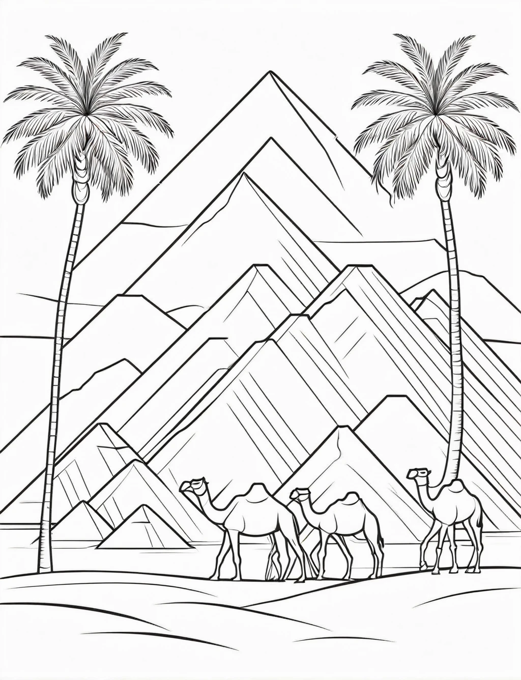 ((Pyramids of Giza, Egypt. Three pyramids in the desert with a camel and a couple of palm trees nearby)), (black and white), (masterpiece), (coloring page), line art drawing, graphic, (simple line art), vector graphics, Clear and Distinct Lines, Varied Line Weights, Smooth curves, Bold outlines, Crisp shapes