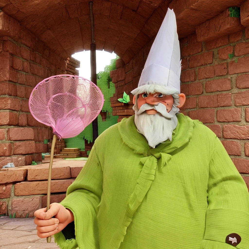 a  dwarf dressed in green, with a long white beard and stubble. a white pointed hat, he holds a pink butterfly catcher in his hand and uses it as a weapon. is in the world of minecraft and is walking through the forest