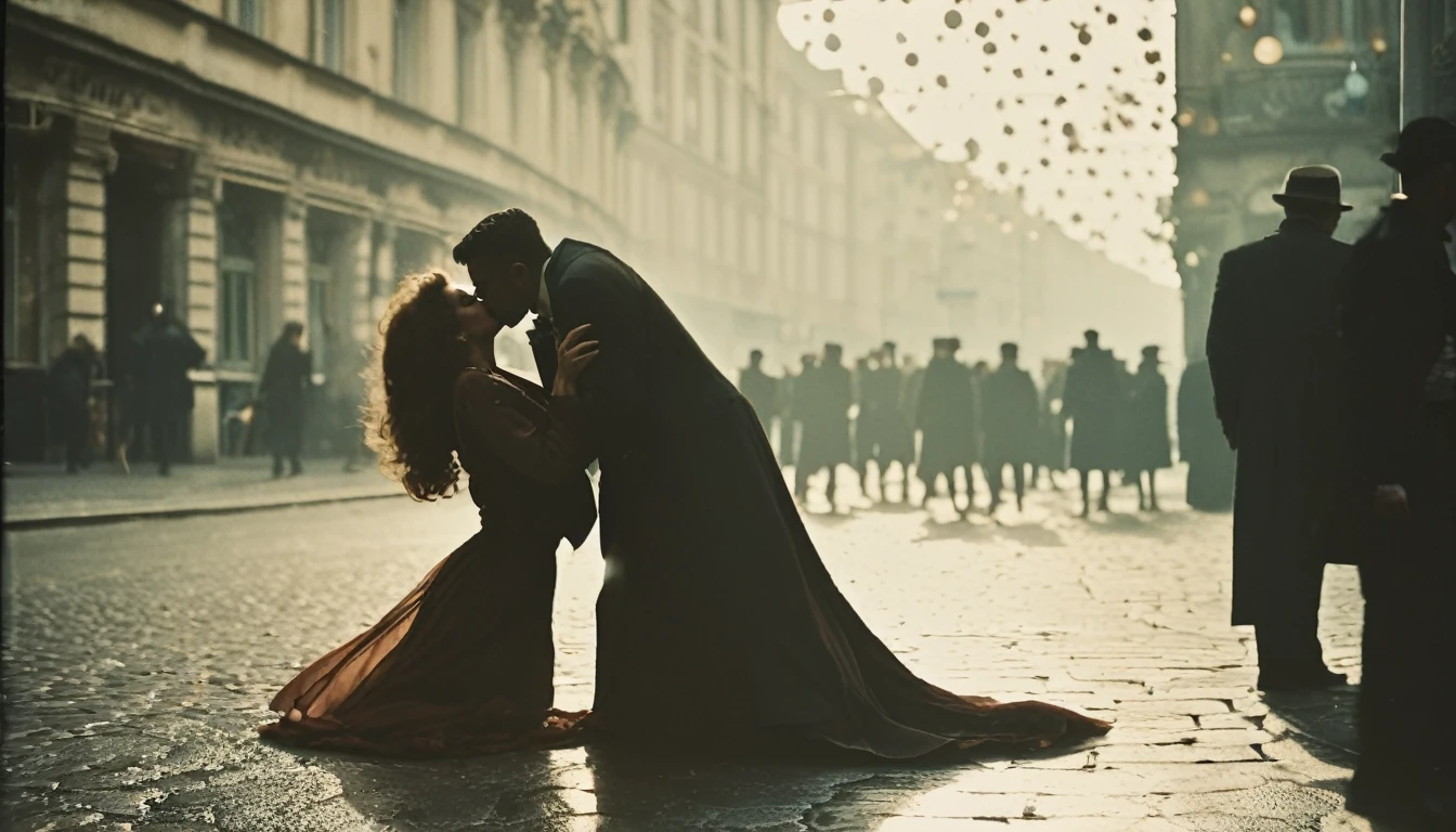 35mm vintage street photo of a men kissing a women on the floor in a street, men hand in lady skirt bokeh, professional
