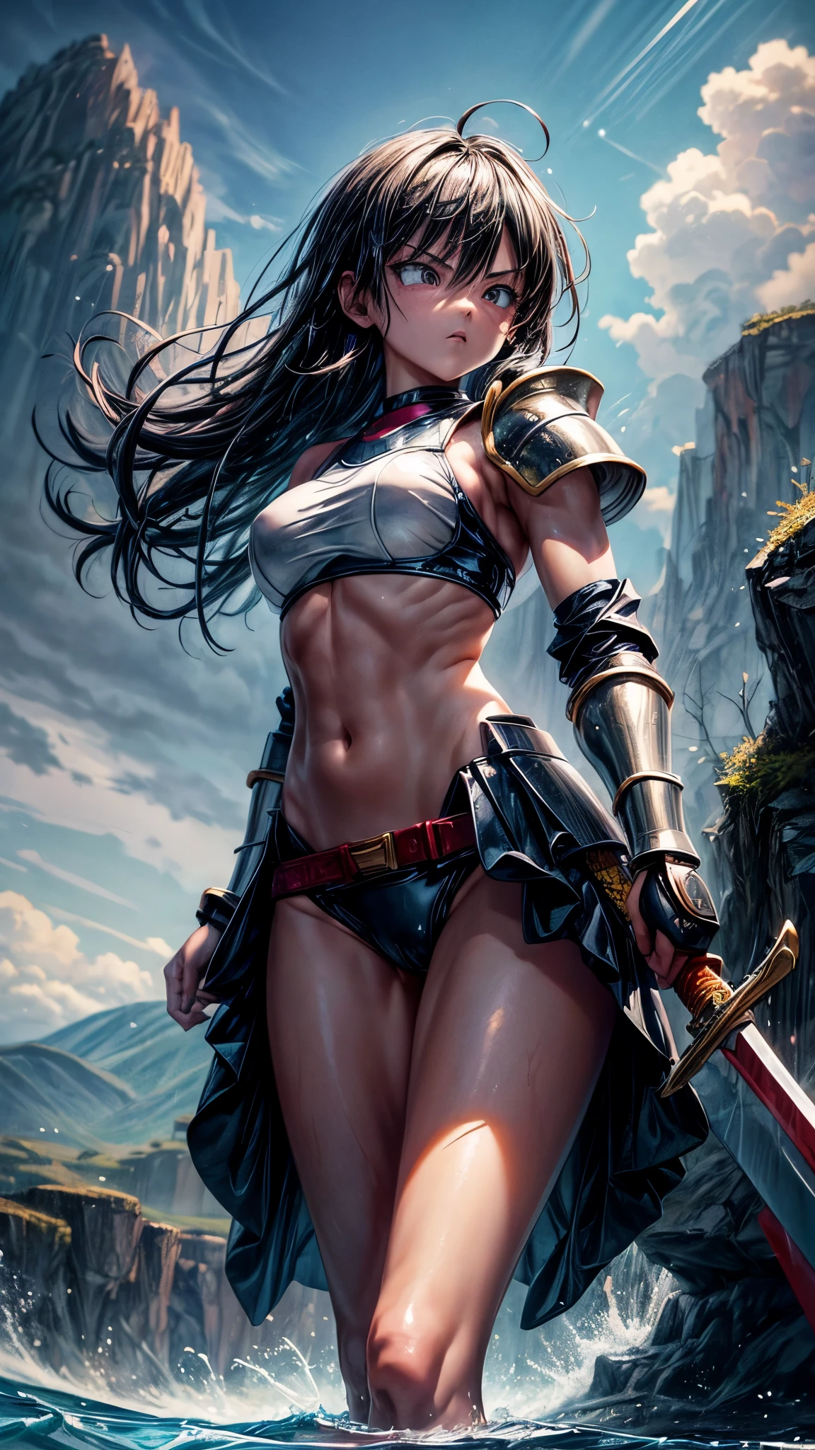 1 girl coming out of the water of a river, (shoulder armor), swimsuit style clothing, holding two swords, a sword in each hand, legs submerged in water, face with angry expression, background mountains, sky, Clouded, belt at the waist, musclegirl, raining, latex textured clothing , (dragon ball style drawing), beautiful body olympic athlete style