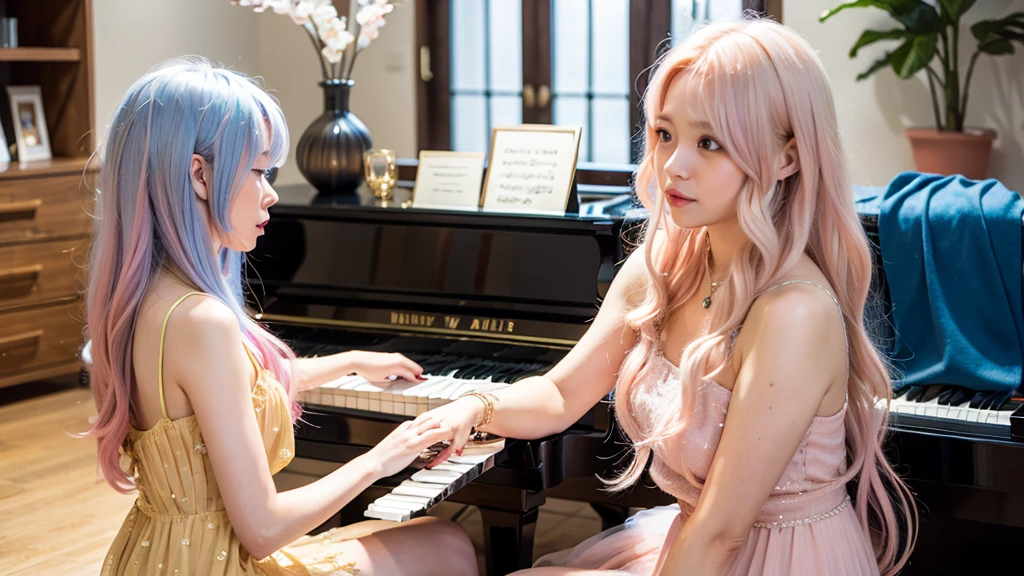 playing piano.Ai Hoshino, beige pink hair, Blue Hair,Long Hair, favorite , Beautiful, shining eyes, Stars in my eyes, Idol,Long pink hair