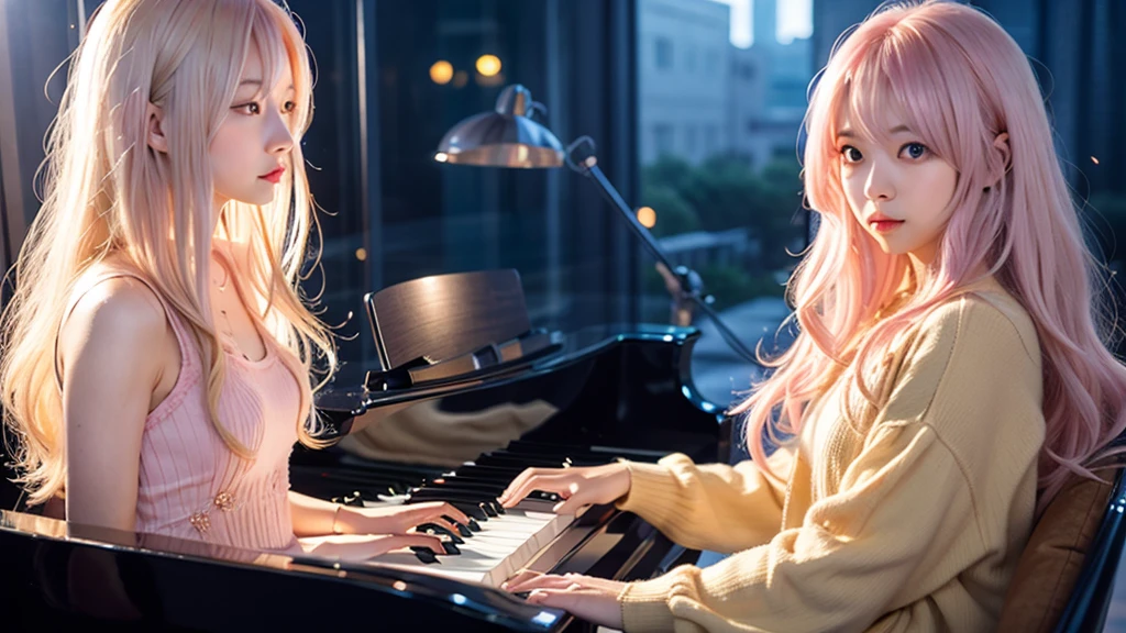 playing piano.Ai Hoshino, beige pink hair, Blue Hair,Long Hair, favorite , Beautiful, shining eyes, Stars in my eyes, Idol,Long pink hair