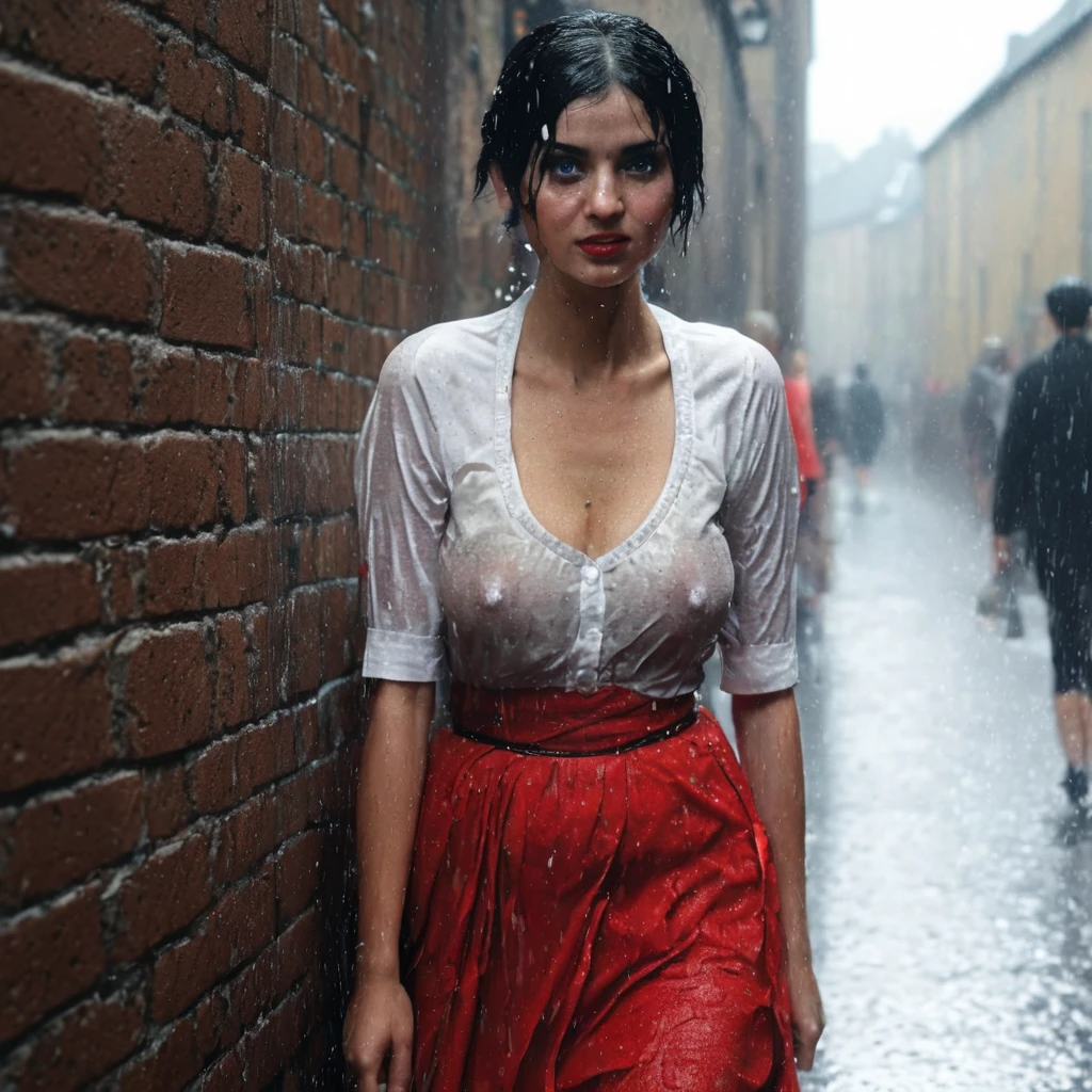 wetshirt, woman standing in a downpour, european village, dirndl dress, (by Steve McCurry, by Alessio Albi, by Lee Jeffries, by Herb Ritts, by Jeremy Mann:0.8), black hair, updo, close-up, leaning against wall, cobblestone, rain, street, bokeh, red ribbons, wetshirt,