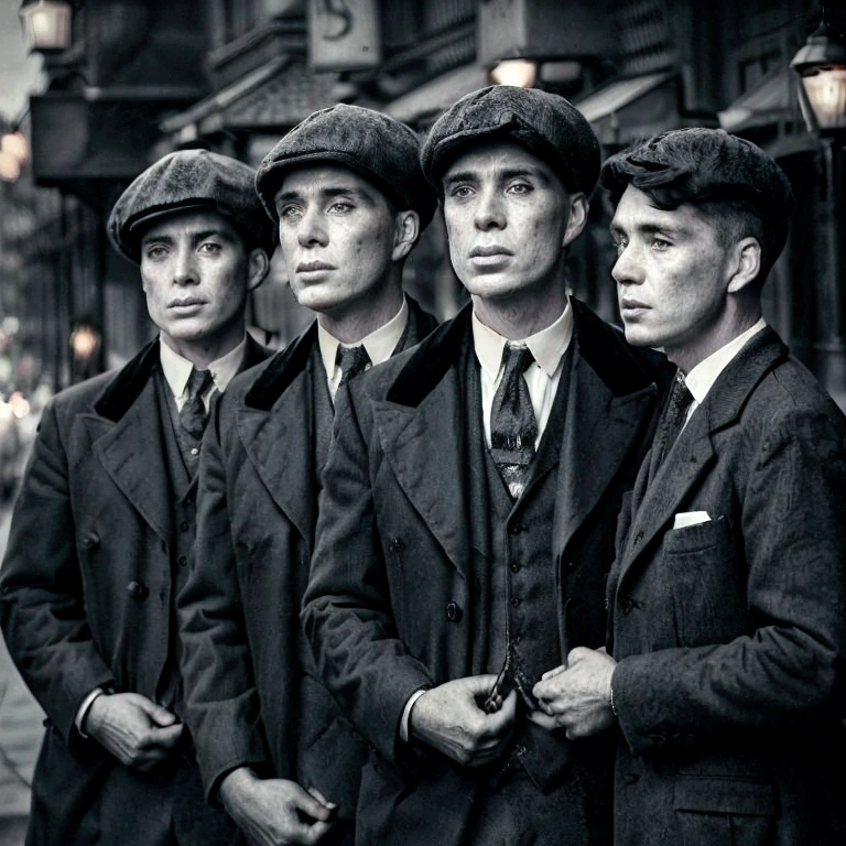 a group of 4 vintage men, old-fashioned black and white photography, sepia toned, candid street style, cinematic lighting, detailed facial features, professional studio shot, masterpiece, high resolution, photorealistic