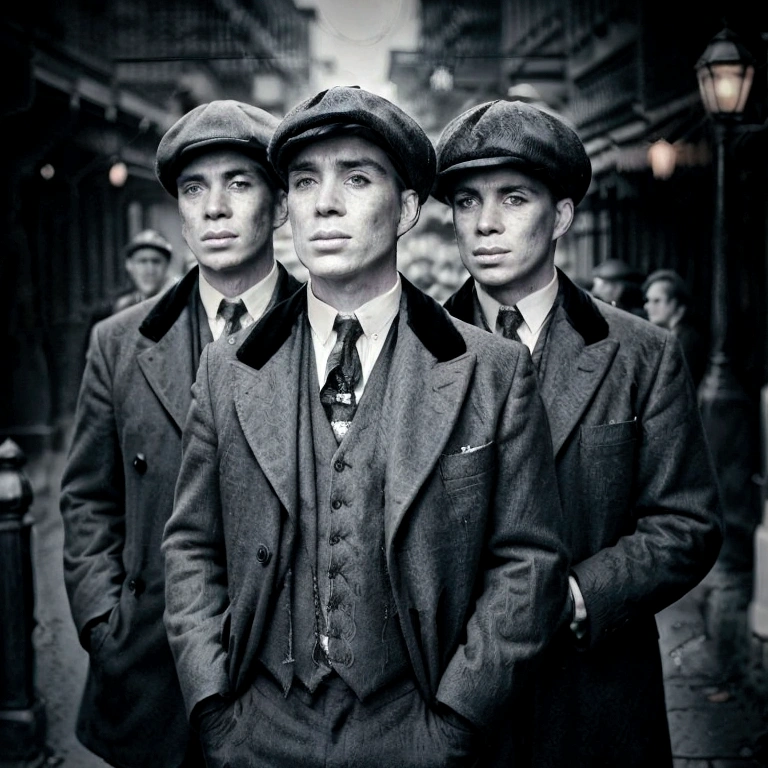 a group of 4 vintage men, old-fashioned black and white photography, sepia toned, candid street style, cinematic lighting, detailed facial features, professional studio shot, masterpiece, high resolution, photorealistic