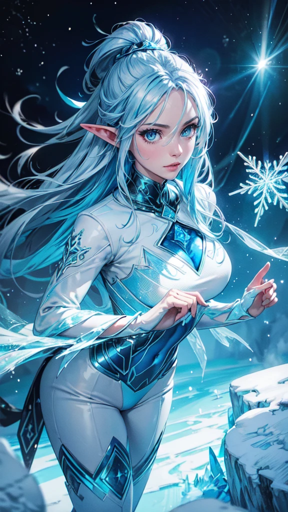 high-res, vivid colors), blue bird alien, detailed feathers, sparkling eyes, alien landscape, vibrant colors, surreal atmosphere, glowing lights, otherworldly features, intricate patterns, dreamlike scenery, Arctic Frost Ranger: A suit featuring icy blue and frosty white hues, accented with snowflake patterns and frost crystals. This Ranger commands the power of ice and cold, with abilities such as creating blizzards, forming ice constructs for defense, and freezing enemies in their tracks,detailed face, detailed eyes, detailed hands, woman,elf girl,t , full body