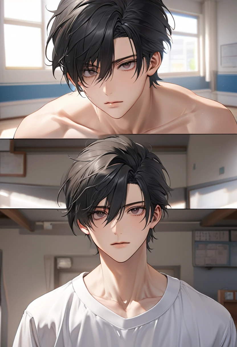 A highschool boy, handsome, perfect body, black hair, short hair, mullet, black eyes, upturned eyes, expressionless, black highschool uniform, anime, first-person view, masterpiece, anatomically correct, high details, highres, best quality, super detail, 1080P