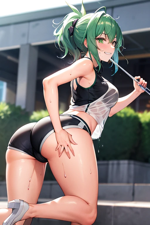 Green hair, folded ponytail, fine eyes, green eyes, masterpiece, sweat, soaked, best quality, hi-res, solo, wicked grin, ass facing you, running action and elegance, white sports short shorts, wet pants, white running shirt, wet shirt, sleeveless, braless, big, park, outdoor (en bikini) (camisa mojada y de frente de la cámara) (en bikini ) ( mostrando tetas)( su uniforme transparente )( sin ropa interior)