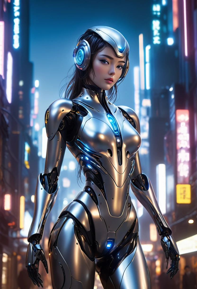 A Sexy female AI humanoid robot stands in a dimly lit, futuristic setting. Her face is a captivating blend of human-like features and metallic components. Her skin appears lifelike, with a subtle glow, but upon closer inspection, it reveals intricate circuits and wires beneath the surface.

Her eyes are piercing and intelligent, with a hint of curiosity and self-awareness. A metallic headpiece adorns her head, partially obscuring her face and giving her an otherworldly appearance.

The robot's body is a seamless integration of organic and inorganic elements. Her torso is covered in a sleek, metallic exoskeleton, with visible joints and hinges that allow for fluid movement. Wires and circuits snake across her abdomen, pulsing with a faint blue light.

Her arms and legs are a mix of human-like limbs and robotic parts. Metallic fingers end in sharp, pointed tips, while her legs are a combination of synthetic muscles and hydraulic joints.

The background is a futuristic cityscape, with towering skyscrapers and a hazy, neon-lit sky. The robot stands in the foreground, her gaze fixed on the viewer, as if contemplating her own existence and the blurred line between humanity and technology.

The image captures the essence of a being caught between two worlds, a creation that challenges the boundaries of what it means to be human and what it means to be machine.