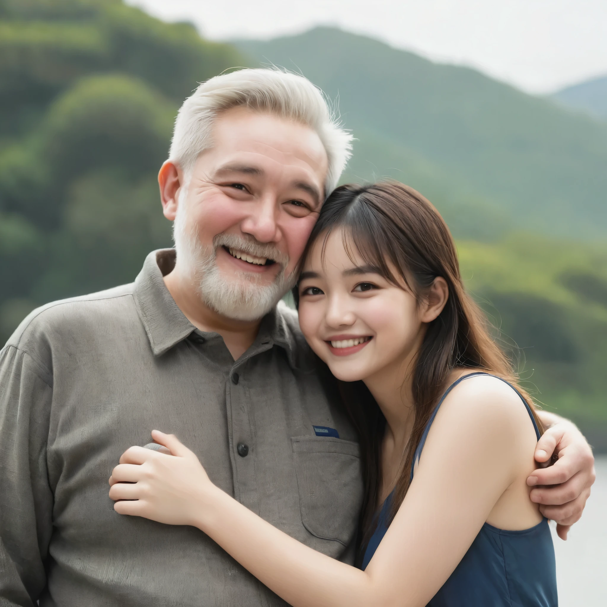 Couple、Embrace each other、Fat Uncle、Bearded old man、Sexy 20 year old blonde beauty、smile、