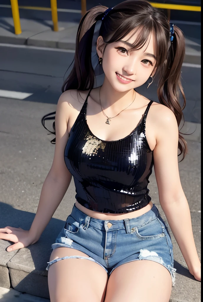 (Highest quality,masterpiece:1.3,Ultra-high resolution),(Very detailedな、Caustics) (Photorealistic:1.4, RAW shooting、)Ultra-Realistic Capture、Very detailed、Natural skin texture、masterpiece、(Sequin tank top and short denim pants:1.3)、1 Japanese girl、Adorable expression、Expressions of Happiness、、Young Face、Ssingly cute、Twin tails、Curly Hair、Black Hair、Scrunchie、Earrings、necklace、light makeup、A big bust that seems to burst、This photo was taken on a busy street at night..、Shining thighs、Sit on a bench on the sidewalk、Shooting from the side、smile、An inviting gaze、