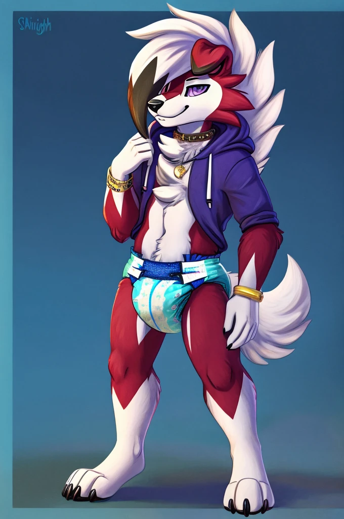  A dark purple Midnight femboy lycanroc wearing a blue and purple hoodie and diaper and white socks with black stripes and a gold necklace on his neck and with bracelets on his arms 