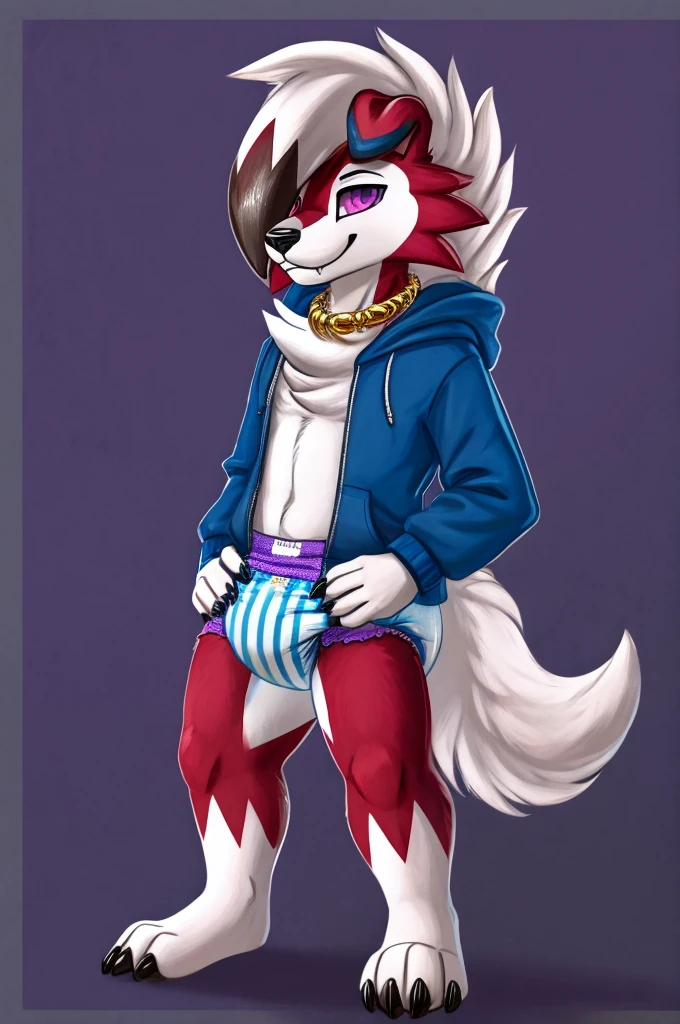 A dark purple Midnight femboy lycanroc wearing a blue and purple hoodie and diaper and white socks with black stripes and a gold necklace on his neck and with bracelets on his arms