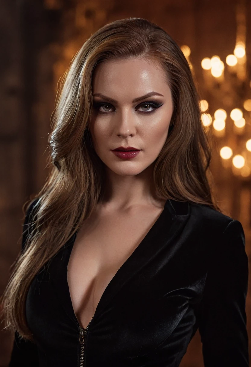 beautiful evil slavic muscular woman, pale skin, long dark blond hair, Photo, Halloween Skin - Catwoman, in club, velvet black suit, whole body, Sharp Focus, dynamic sexy pose, helios 44-2, swirling bokeh, Sharp Focus, Студийное Photo, complex parts, high detail, sharpness, character portrait, perfect lighting, masterpiece, Detailed backstory, Cinematic lighting, 8 k, ultra detailed, hyperrealism, masterpiece, perfectly focused, f/22, symmetry and balance, artistic, infrared photography, outstanding details,