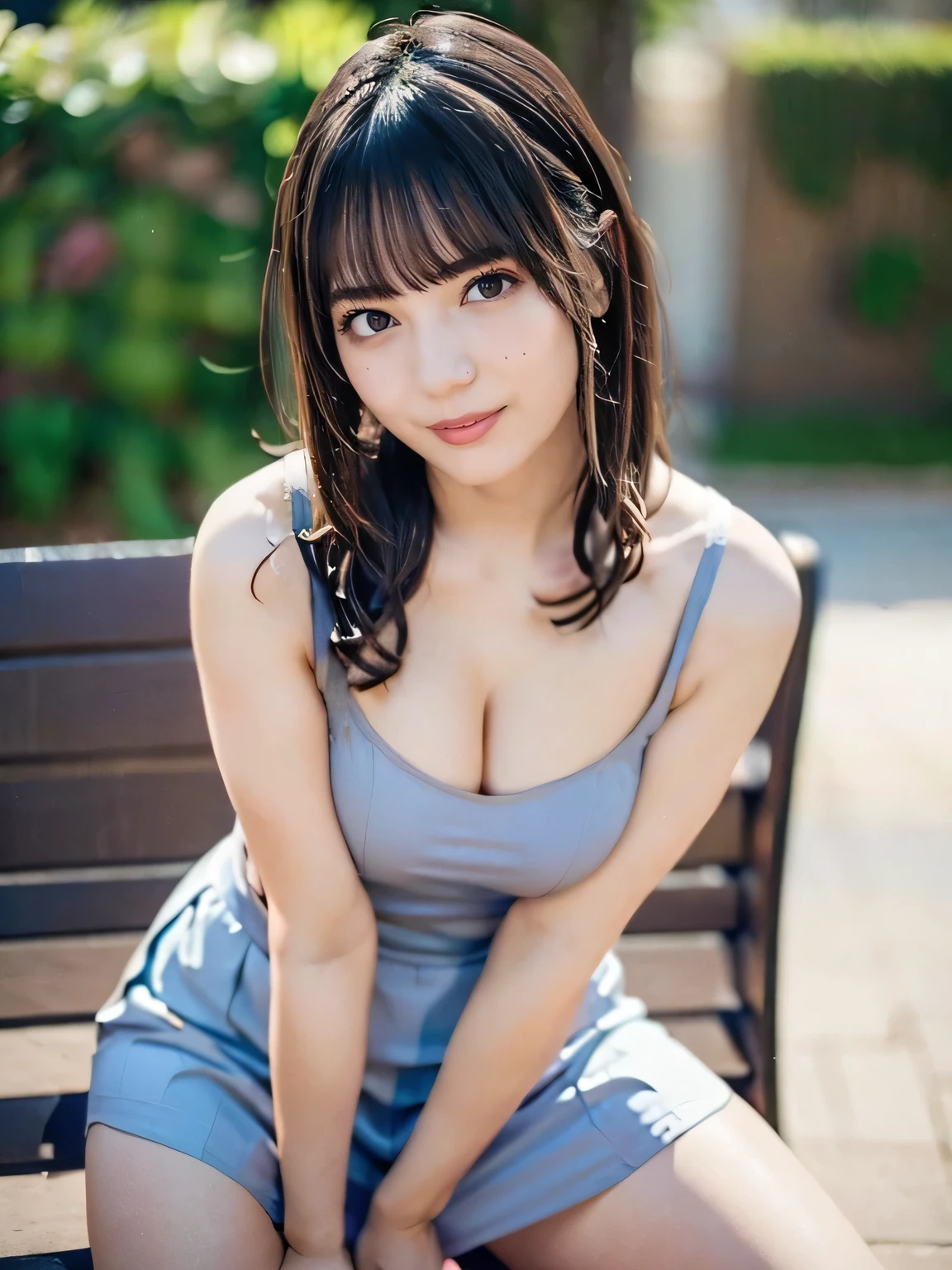 1girl, woman, beautiful, medium breasts, flirtatious look, high res, (1girl eyes looking at viewer:1.55), Simple Background, Emphasis on the chest, whole body, cute face, beautiful face, nipple, light smile, (skirt lift:1.2), skirt lift pov, constricted waist, blush, shy, panties, underwear, 25 years old woman, skirt lift, flipped my skirt, (perfectly detailed face), looking at viewer:1.8, one piece dress, light blue summer dress, park bench, photorealistic, (bokeh), photorealistic, depth of field, best quality, anatomically correct, super detail, textured skin, UHD, 8k