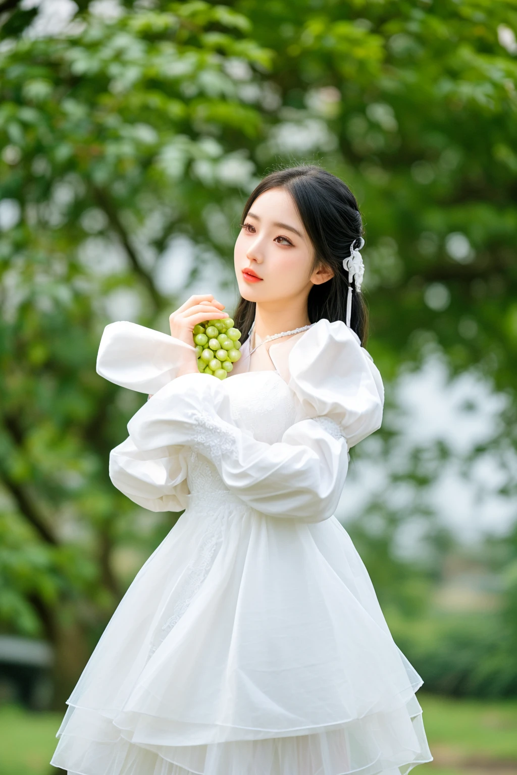 there is a woman in a white dress holding a bunch of grapes, white hanfu, sha xi, a young asian woman, a beautiful woman in white, young asian girl, palace ， a girl in hanfu, beautiful young korean woman, jia, ulzzang, young asian woman, lovely woman, xintong chen, ao dai, jinyoung shin, chinese girl