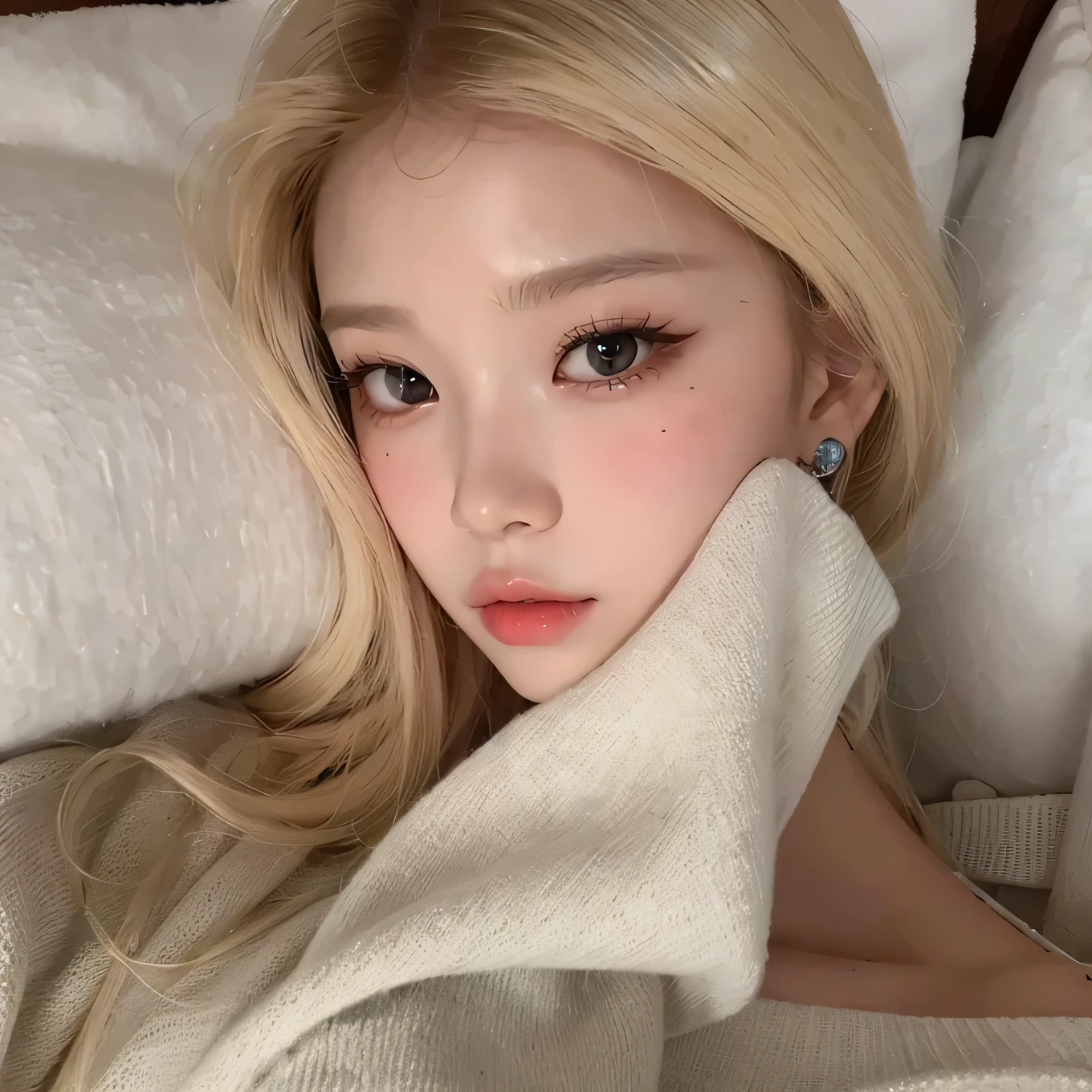 Face identical to that of Chaewon from Le Sserafim, full lips, light eyes, pale skin, doll nose 