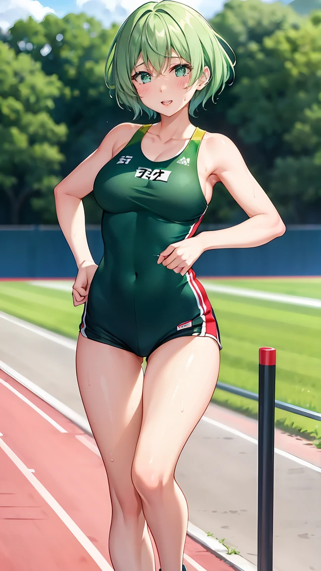 Girl with short green hair, Small size breasts,、Green Eyes, 、,Full body photo from head to toe、Track and field athlete、、、Uplifting、Leaning forward、、walk short distance、running、A toned and toned body、Desperate、Sweat、Uplifting、A moving picture、Shorts、Full Strength