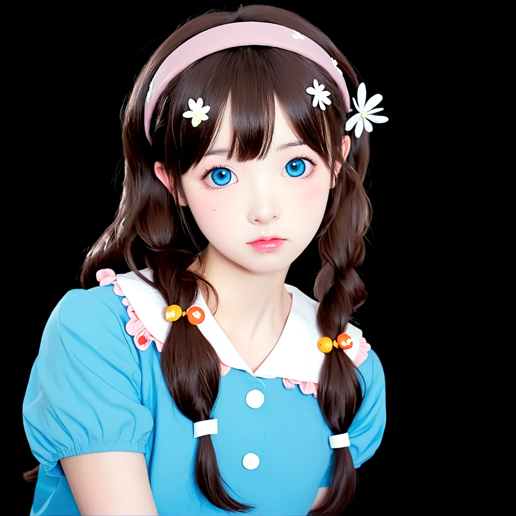 1girl, solo, long hair, looking at viewer, blush, bangs, blue eyes, simple background, brown hair, shirt, hair ornament, twintails, closed mouth, upper body, flower, short sleeves, hairband, hair flower, blush stickers, wavy mouth, blue shirt, hair bobbles, black background, hair over shoulder