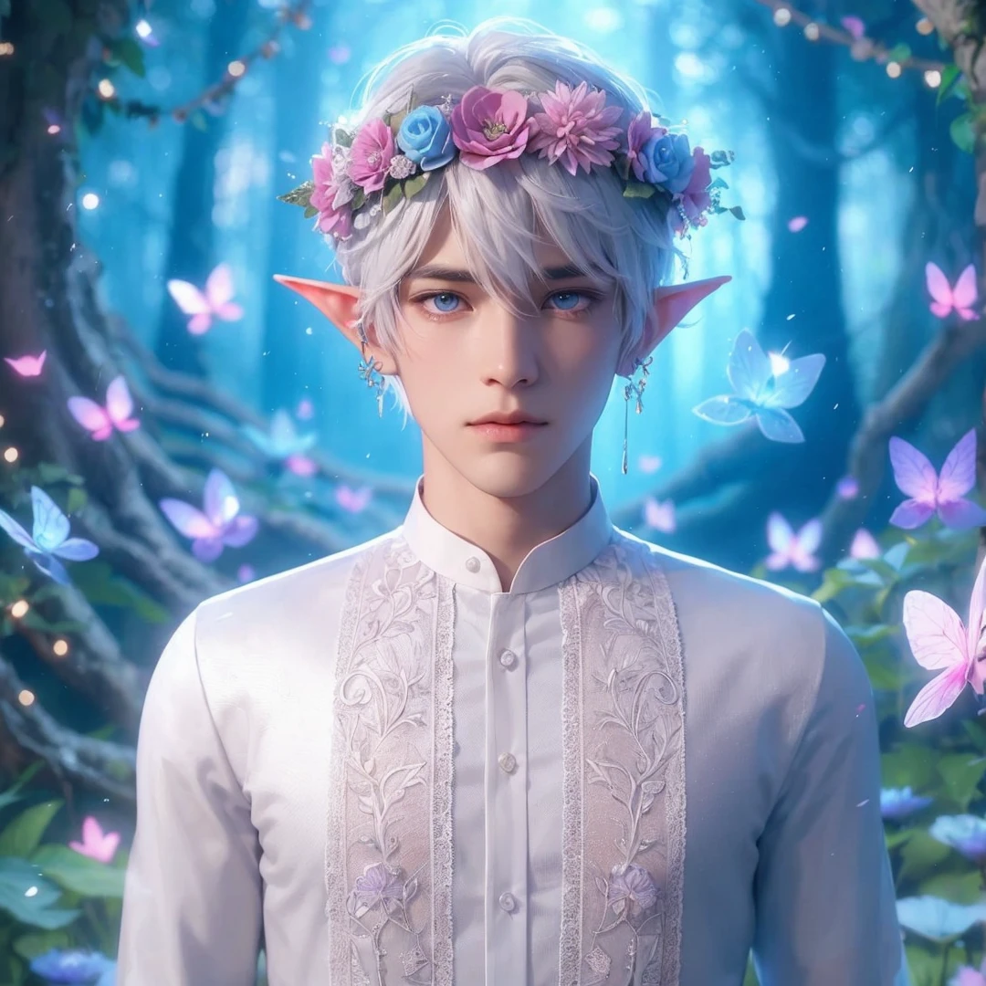 Handsome boy, white hair, white eyes, wearing pink and light blue flower crown, wearing white barong tagalog, elf ear, "surrounded by light blue, pink, and purple light, magic forest background