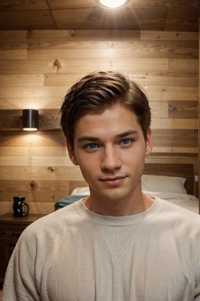 a young white male, blue eyes, nordic genetics, medium hairstyle, boy next door attractive, warm smile, standing in modern male cabin bedroom, portrait, natural lighting, high quality, photo-realistic, cinematic, detailed facial features, detailed eyes, detailed nose, detailed lips, detailed skin texture, stylish outfit, clean background, warm color tones, cozy atmosphere, studio lighting, 8k, masterpiece