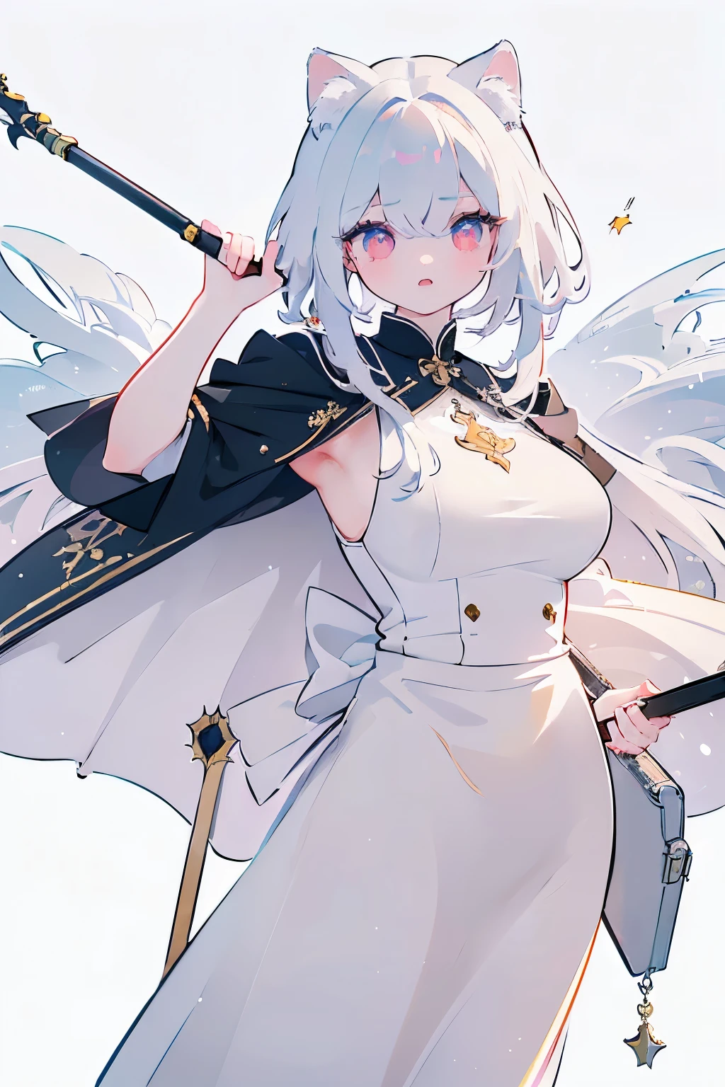 Tsundere 18 year old girl, beautiful and delicate eyes, beautiful lips, very detailed 눈과 얼굴, long eyelashes, 1girl, white cat ears, foot long bag, Front view, Red-eye, (top quality, 4K, 8K, high resolution, masterpiece:1.2), very detailed, (realistic인, realistic인, realistic인, realistic인, realistic: 1.37), very large breasts, Scythe, elegant, fantasy, white background,holding a weapon, maid uniform, I can see my armpits