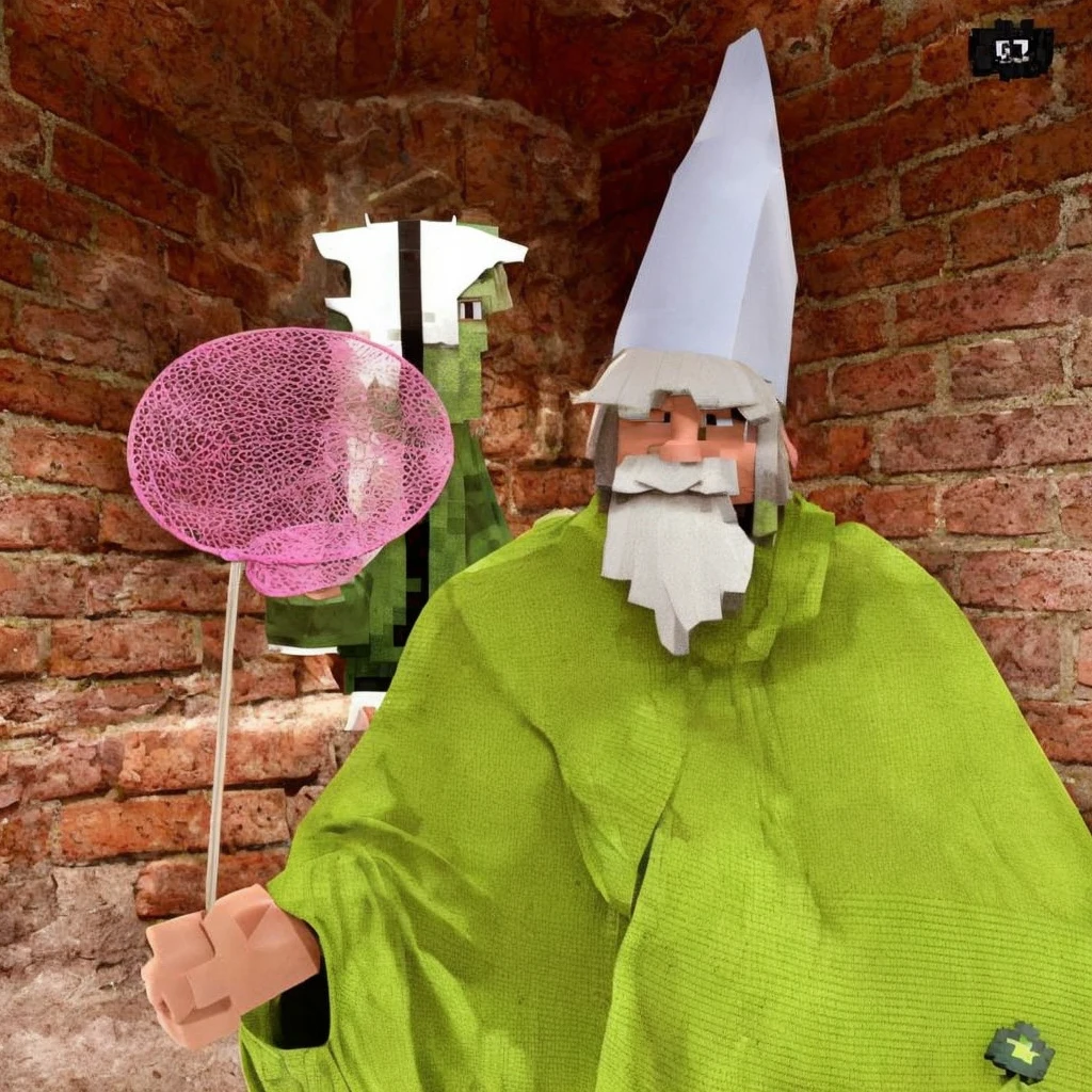 a dwarf dressed in green, with a long white beard and stubble. a white pointed hat, he holds a pink butterfly catcher in his hand and uses it as a weapon. is in the world of minecraft and is walking through the forest