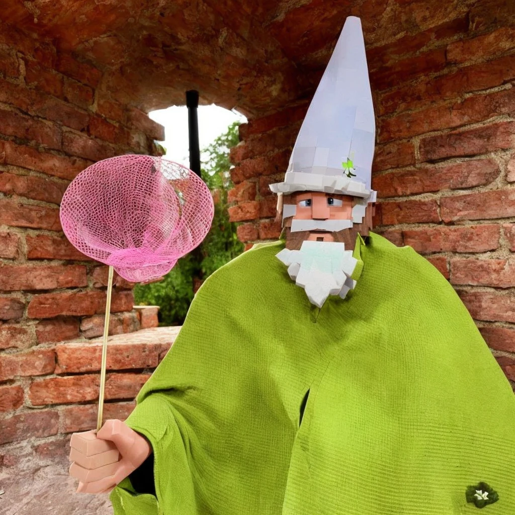 a little dwarf dressed in green, with a long white beard and stubble. a white pointed hat, he holds a pink butterfly catcher in his hand and uses it as a weapon. is in the world of minecraft and is walking through the forest