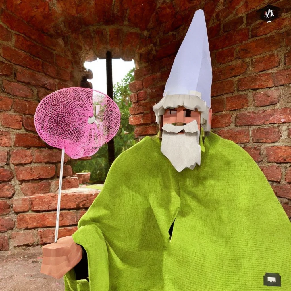 a  dwarf dressed in green, with a long white beard and stubble. a white pointed hat, he holds a pink butterfly catcher in his hand and uses it as a weapon. is in the world of minecraft and is walking through the forest