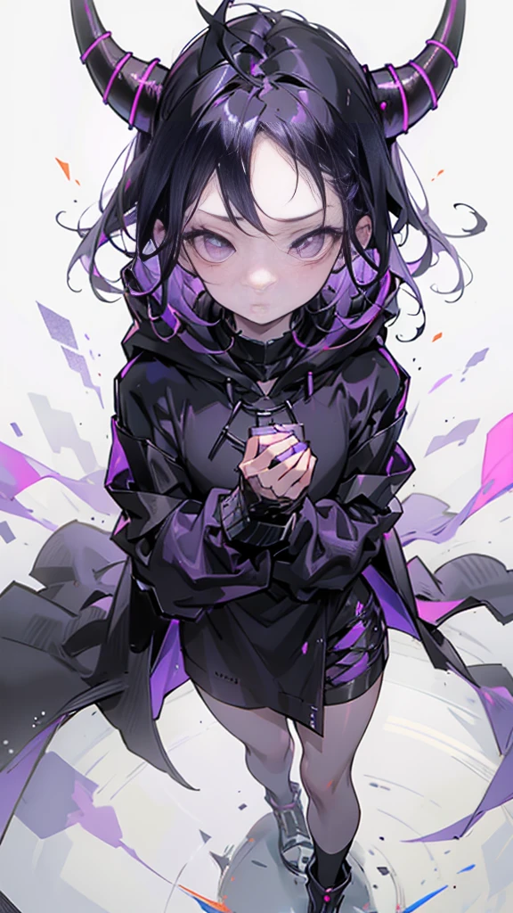 boy. thoughtful look. open forehead. black and purple hair tied in a bun on the left side to one side. sinuous black horns wrapped in dark purple ribbon. pale violet eyes. in short dark purple shorts. long white T-shirt. dark purple knee-high socks. dark purple long cloak with hood. view from the 100th floor of a cozy gray room