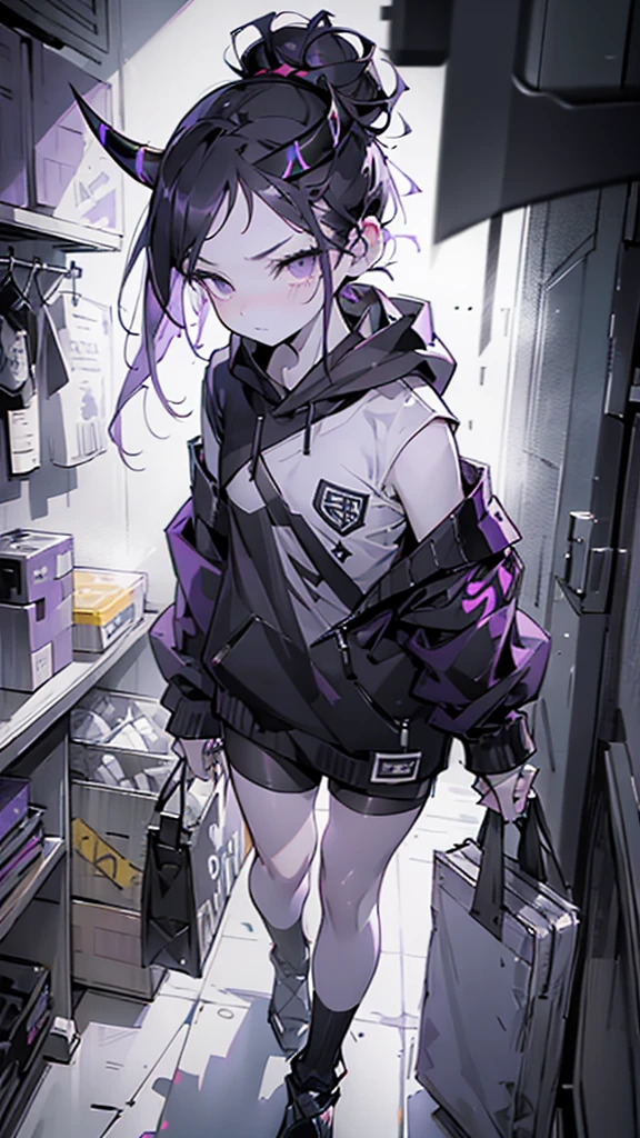 boy. thoughtful look. open forehead. black and purple hair tied in a bun on the left side to one side. sinuous black horns wrapped in dark purple ribbon. pale violet eyes. in short dark purple shorts. long white T-shirt. dark purple knee-high socks. dark purple long cloak with hood. view from the 100th floor of a cozy gray room