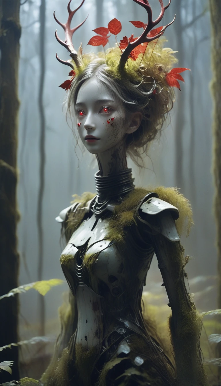 a broken feminine humanoid robot,At night, a light shone on her, dented, scratched, flaking peeling paint, in a abandoned interior room, mossy and fungus, once pretty,An artistic photograph,full body,(Remote shooting:1.4),closeup 50mm f/1.3,bailong plant girl, girl made of dead plants,a girl made of red plants,forest,plant,antlers