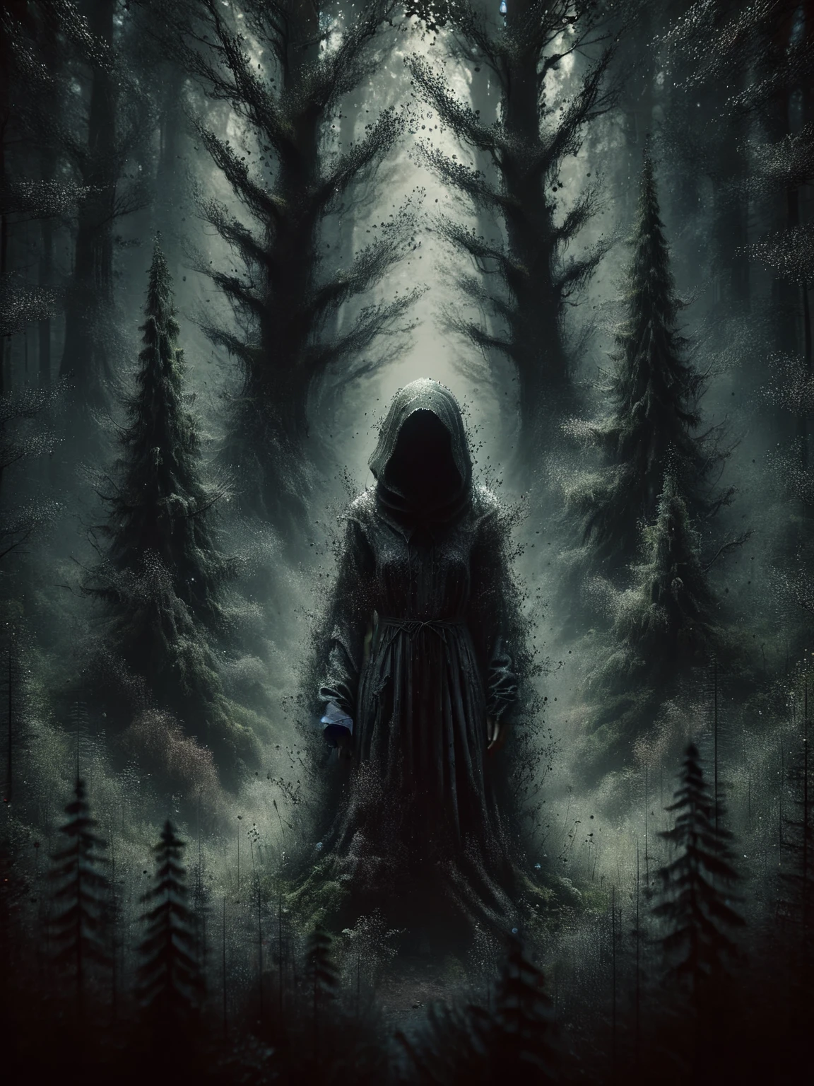 A mysterious figure standing at the edge of a dark forest, surrounded by ais-darkpartz that seem to whisper secrets of the unknown. 