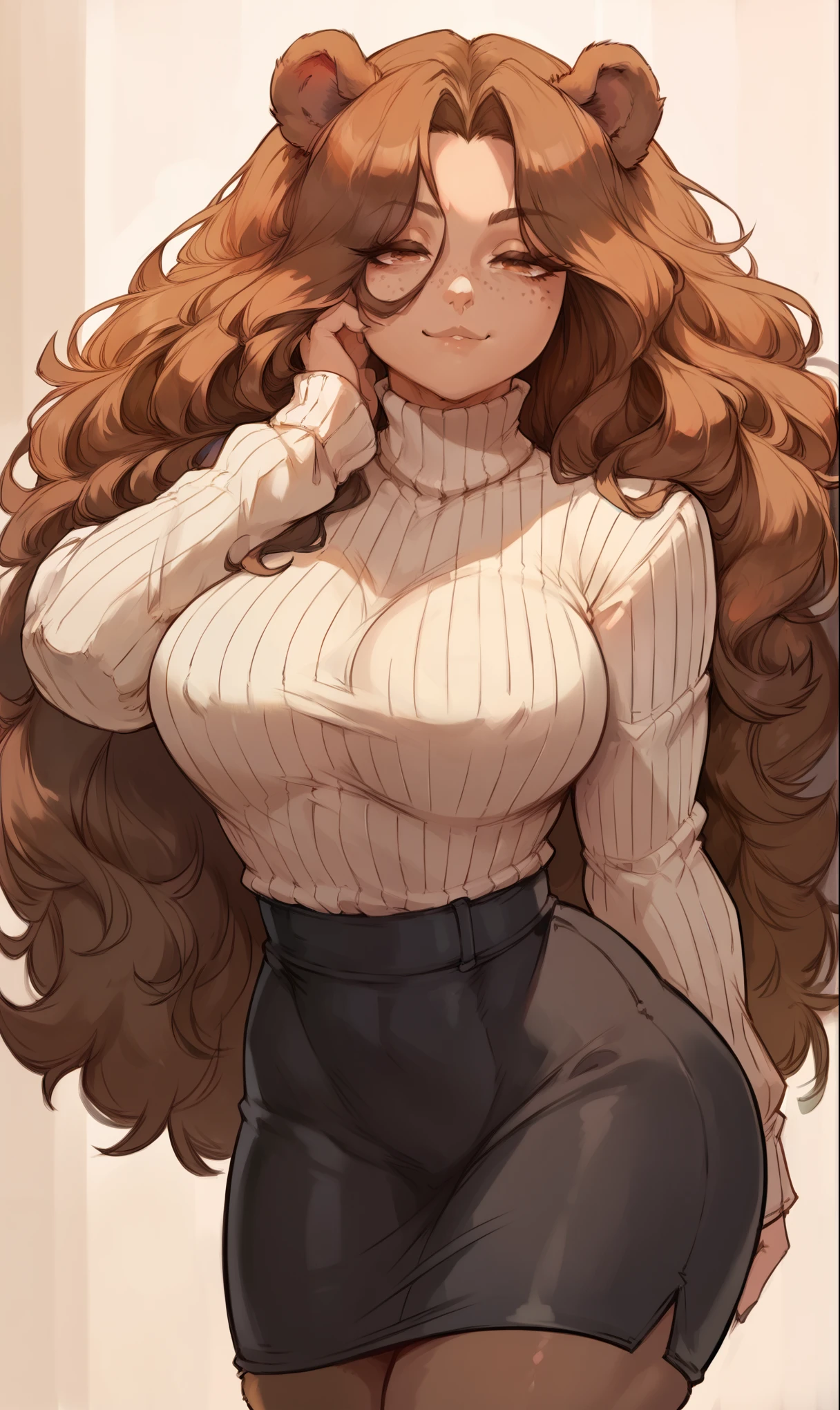 Brown long fluffy hair, fluffy hair, bear ears, bear, big breasts, attractive, turtleneck sweater, turtleneck, thicc body, thicc, freckles, freckles on face, neutral expression, smug eyes, bored eyes, skirt, black skirt