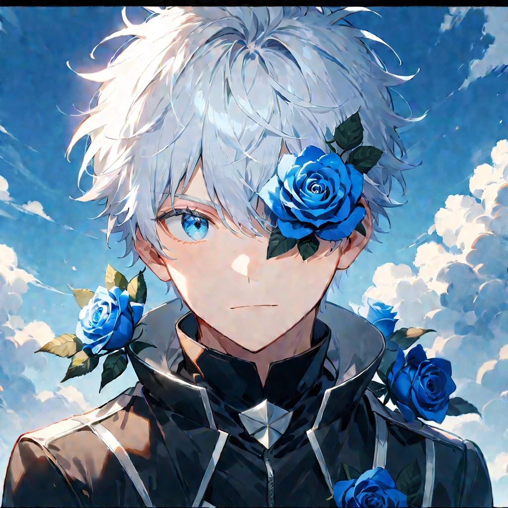 1boy, solo, gojou satoru, male focus, blue eyes, white hair, flower, short hair, looking at viewer, rose, high collar, letterboxed, one eye covered, blue flower, portrait, bangs, black jacket, blue rose, jacket, upper body, sky, cloud, outdoors, closed mouth, ((medium quality)), ((medium quality))