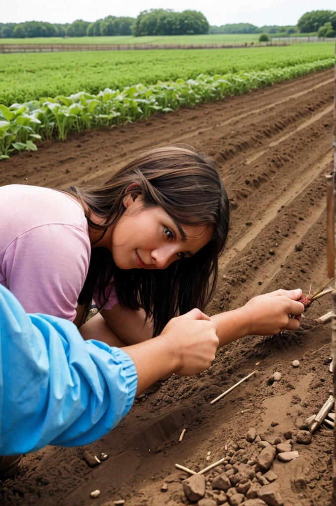 A woman saw a worm in a farm and grabs that worm