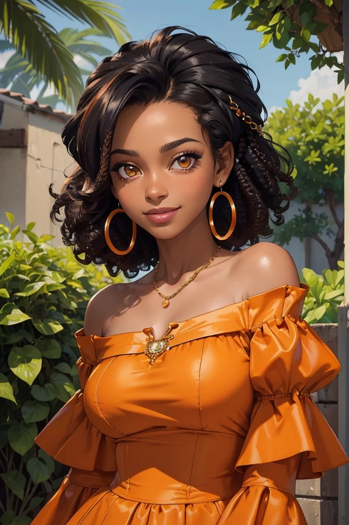 (((Masterpiece, Best Quality, High Resolution)))), Extremely detailed 8K, (Ultra HD, Ultra-detailed, Highly detailed, Highly realistic, Ultra-realistic, photograph realistic), (HD Quality), Sharp Focus, (Close up shot), 16 years old, Black girl, Beautiful face, Dark skin, (((Amber eyes, sharp eyes))), (((Black kinky afro with styled edges, 4a Hair Type))), Gold hoop earrings and hoop necklaces, (((Orange off-shoulder blouse with puffy sleeves))), (looks directly at the camera, happy expression, pretty smile), Neighborhood setting, summertime, (Focusing on the face, Glowing skin texture, sun shining bright)