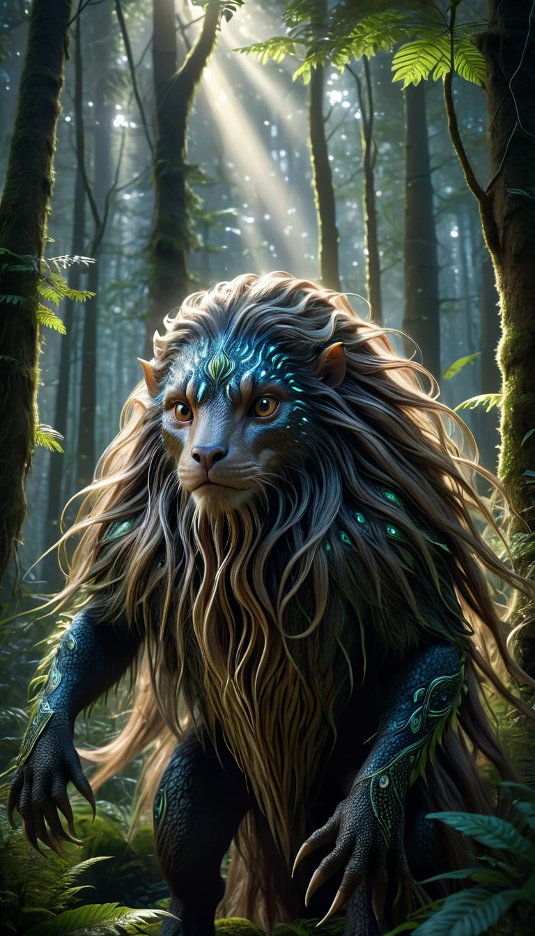 Front view，There is a creature in the forest，Human-like appearance，Covered with long hair（best quality，4K，8K，High level，masterpiece：1.2），Ultra Detailed，（lifelike，Photo real，Photo real：1.37），Highly detailed animals，Complex patterns，Realistic lighting，Fantasy Creatures