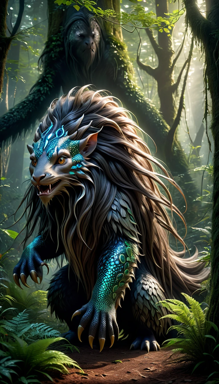 Front view,There is a creature in the forest,Human-like appearance,Covered with long hair(best quality,4K,8K,High level,masterpiece:1.2),Ultra Detailed,(lifelike,Photo real,Photo real:1.37),Highly detailed animals,Complex patterns,Realistic lighting,Fantasy Creatures