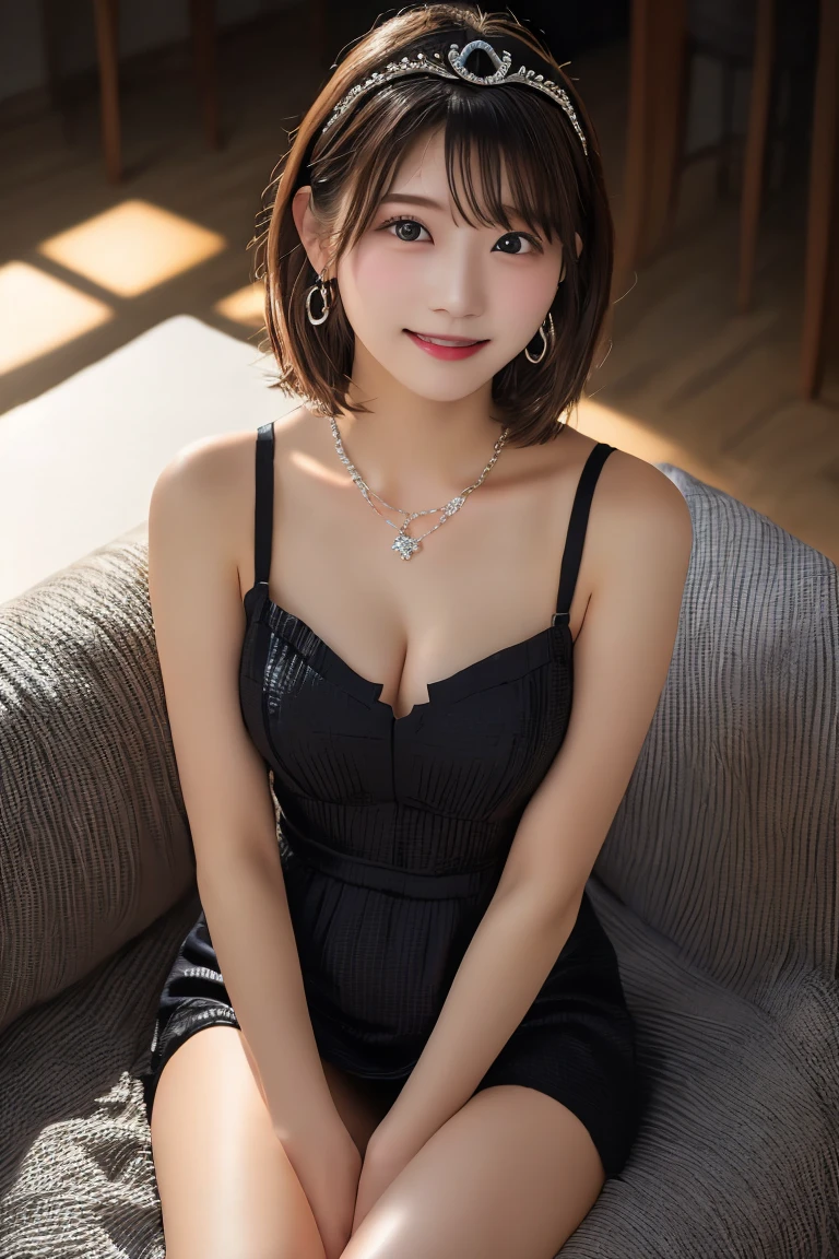 Highest quality, (beautiful)、A flashy black mini dress with shoulder straps、Larger breasts、Brown Hair、looking at the camera、Sit on the sofa、Close-up、pub、tiara、necklace、Earrings、night、Dark Room、Dim lighting、No windows、smile、Shoot from above