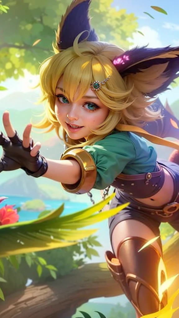 a girl with a cat hat and gloves, 8k, ultra hd, ultra detailed texture, hyper realistic, masterpiece, detailed texture, detailed face, detailed skin, detailed lighting, (photorealistic:1.5), best quality, beautiful lighting, cinematic lighting, professional lighting, ultra highres, realistic, detailed hair, real hair, high quality, (realskin:1.5), extremely detailed, finely detail, ultra-detailed, green eyes, smile.