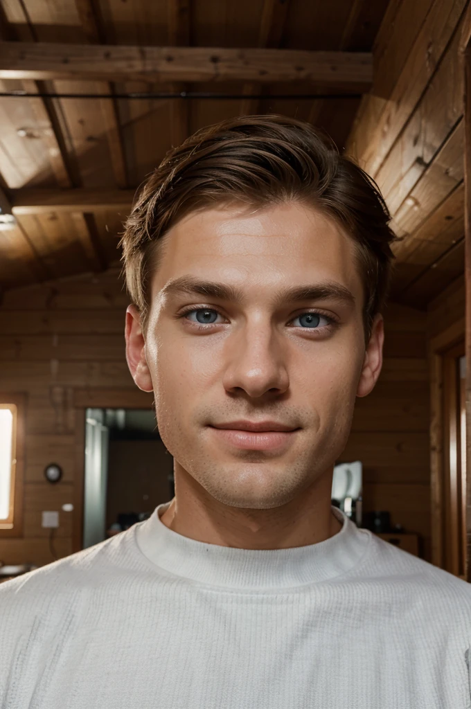 a young white male, blue eyes, nordic genetics, medium hairstyle, boy next door attractive, warm smile, standing in modern male cabin bedroom, full body portrait, natural lighting, high quality, photo-realistic, cinematic, detailed facial features, detailed eyes, detailed nose, detailed lips, detailed skin texture, stylish outfit, clean background, warm color tones, cozy atmosphere, studio lighting, 8k, masterpiece